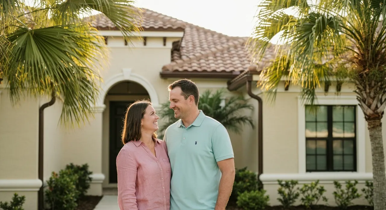 Young couple holding hands on the front porch of their conventionally-financed Florida craftsman bungalow