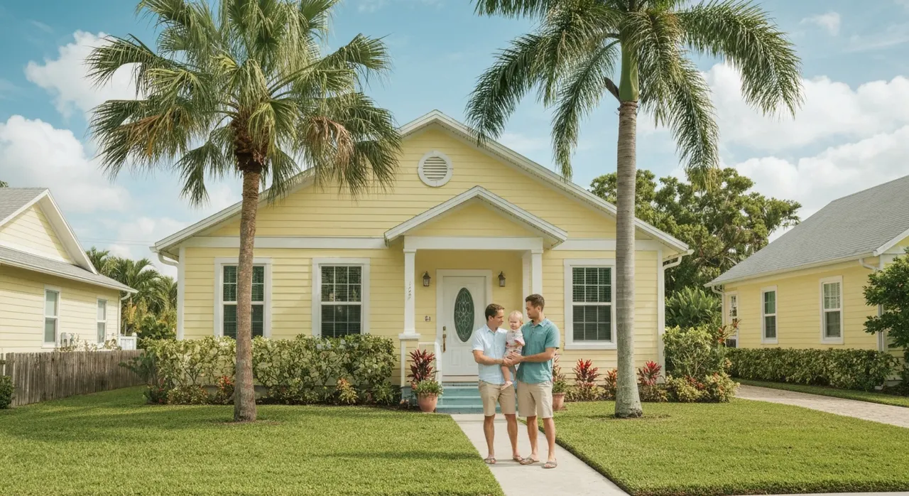 Young Florida family in front of their pastel-yellow first home with palm trees