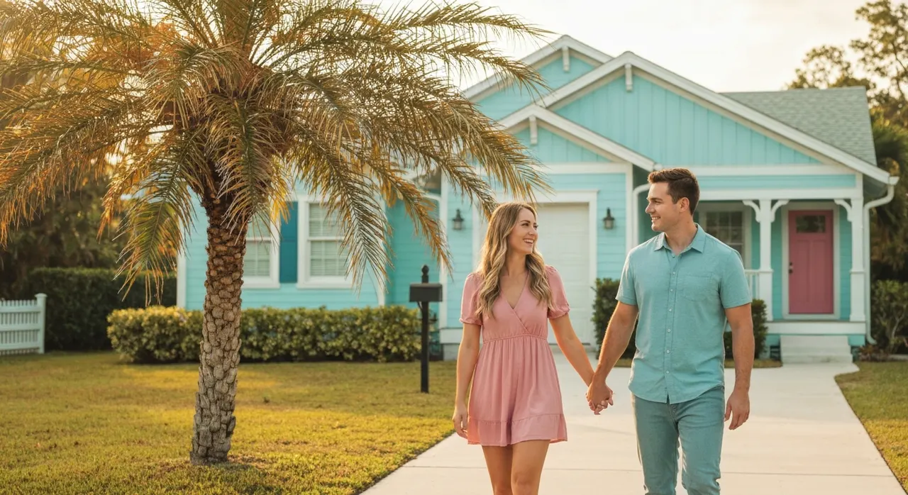 Young couple walking up to their first Florida home financed with an FHA loan