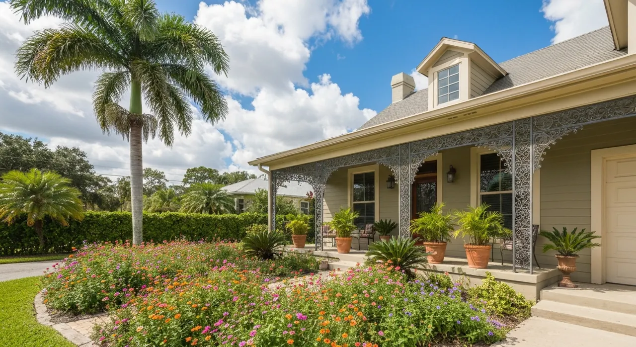 Mediterranean-style Florida home with palm trees